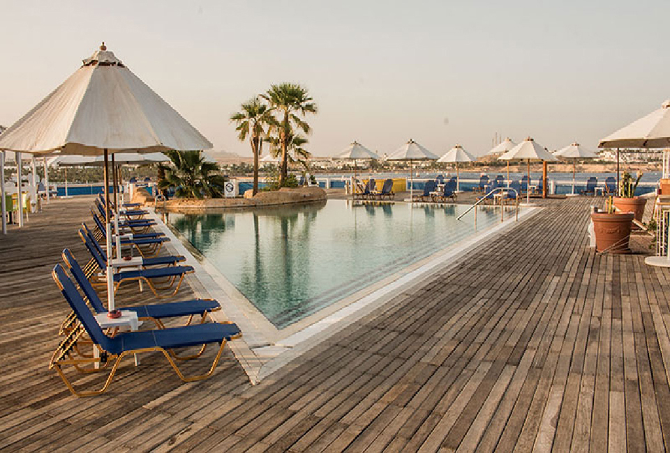 The main swimming pool at the Lido Hotel, over-looking Na'ama Bay near the marina.